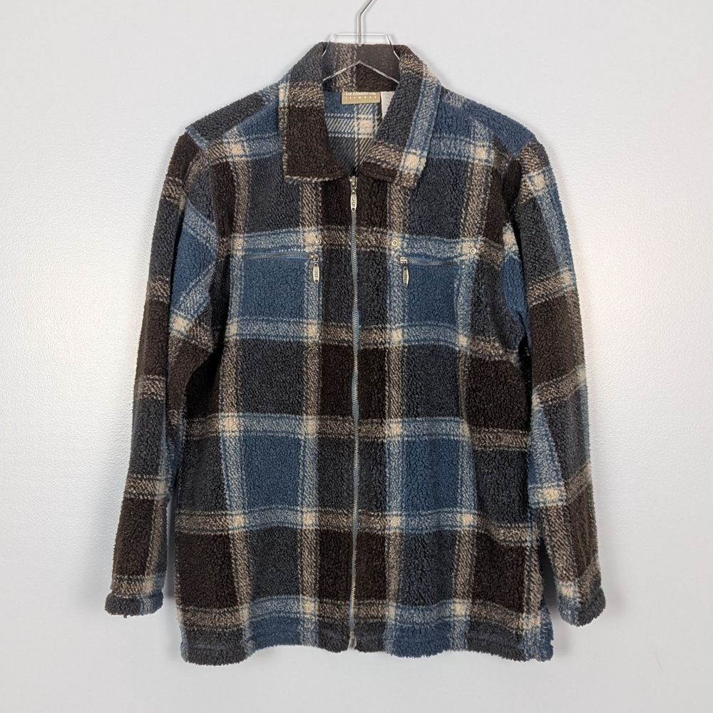 Liz Claiborne Plaid Fleece Jacket Blue and Brown Medium Vintage